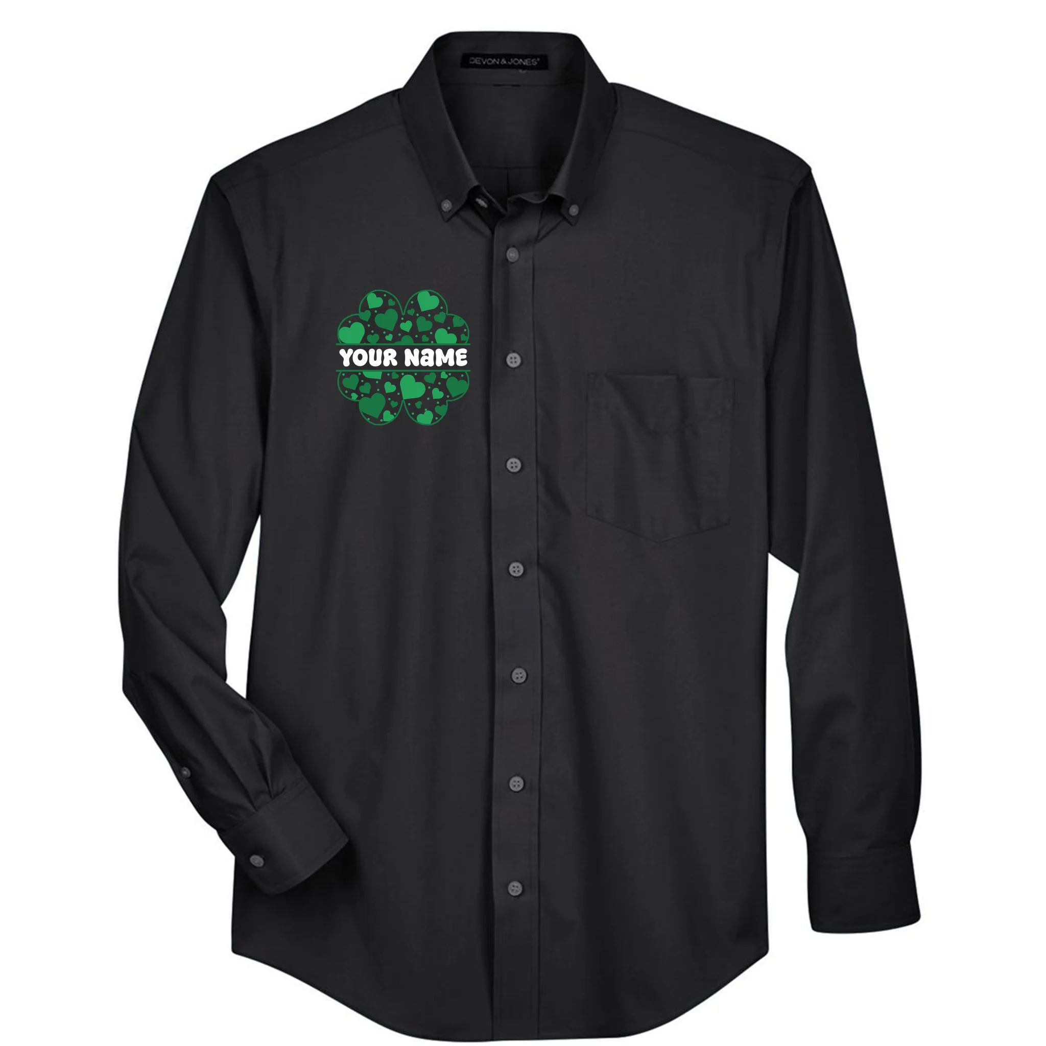 Custom Personalized Name St. Patrick's Day 4 Leaf Clover Hearts Men's Button Up - Front