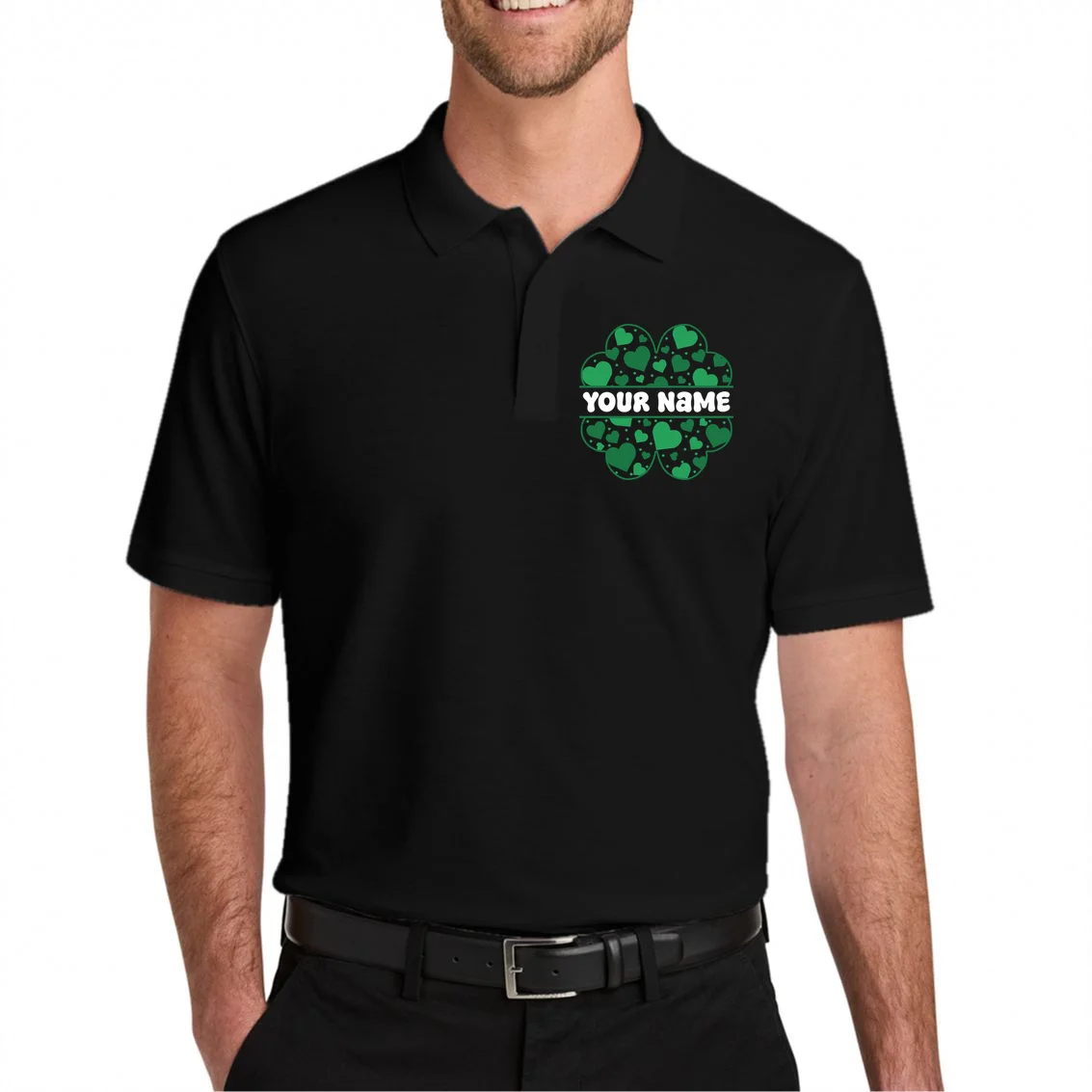 Custom Personalized Name St. Patrick's Day 4 Leaf Clover Hearts Men's Polo - Front 1