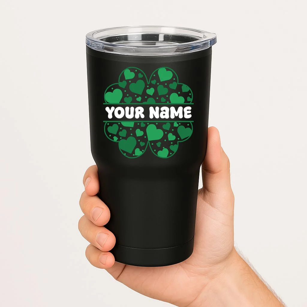 Custom Personalized Name St. Patrick's Day 4 Leaf Clover Hearts 20oz Tumbler - Front 1
