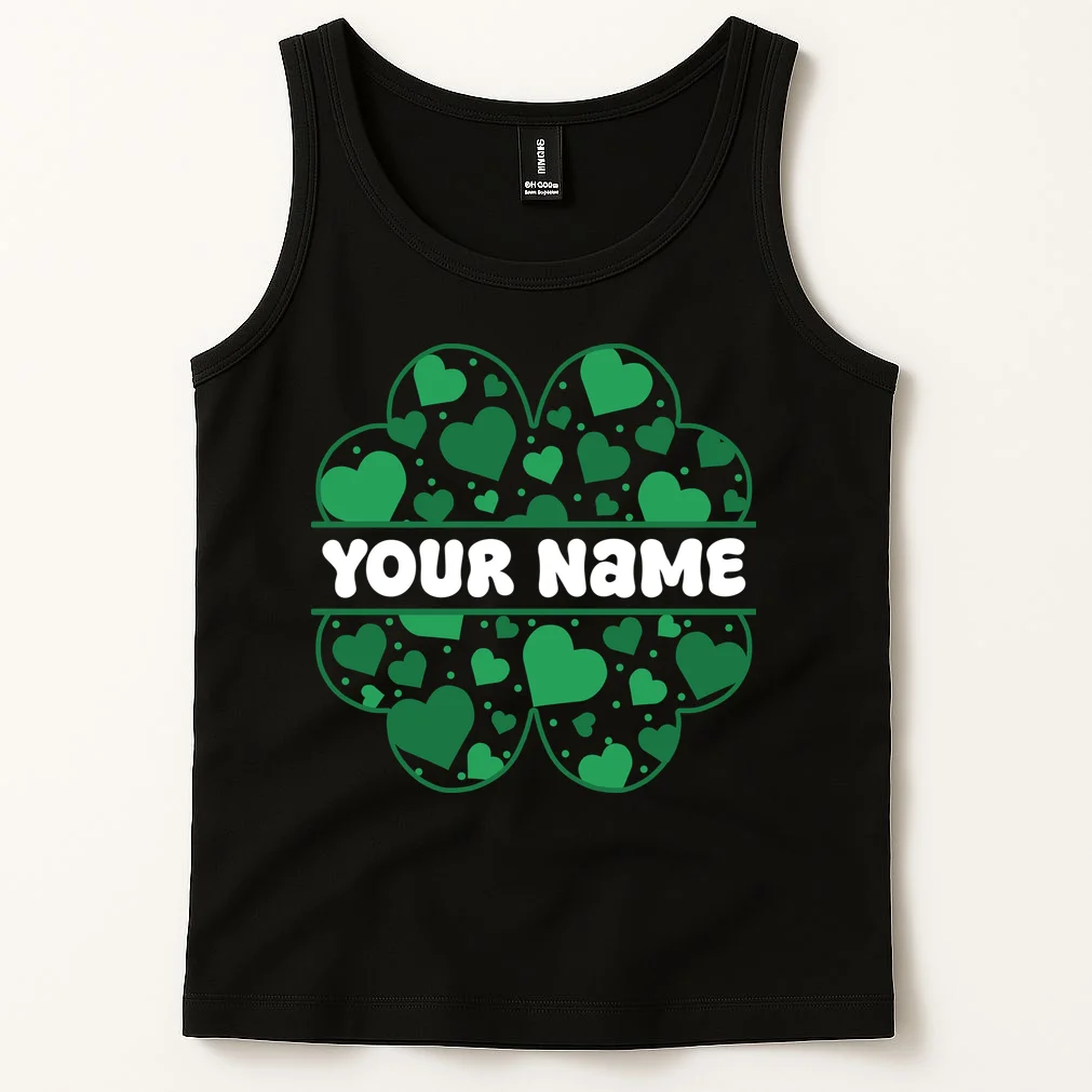 Custom Personalized Name St. Patrick's Day 4 Leaf Clover Hearts Tank Top - Front 1
