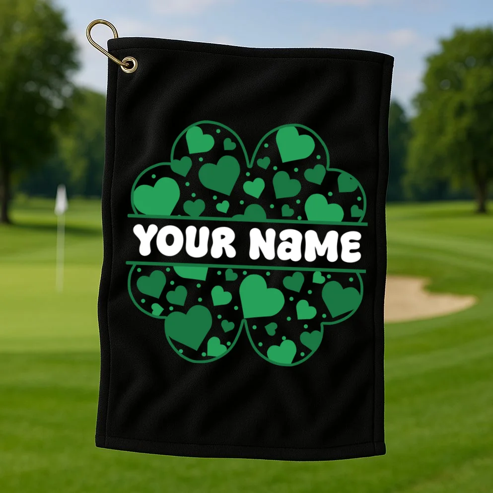 Custom Personalized Name St. Patrick's Day 4 Leaf Clover Hearts Golf Towel - Front 1