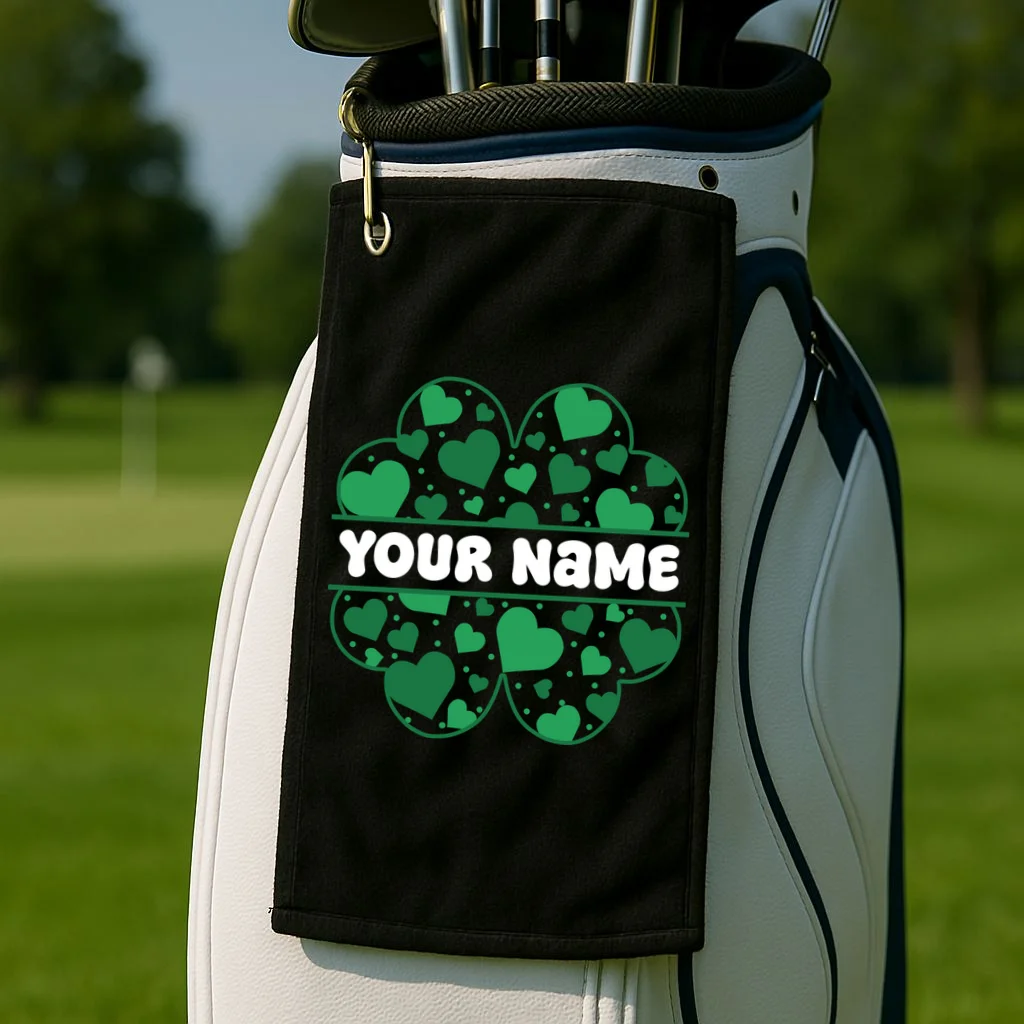 Custom Personalized Name St. Patrick's Day 4 Leaf Clover Hearts Golf Towel - Front 2