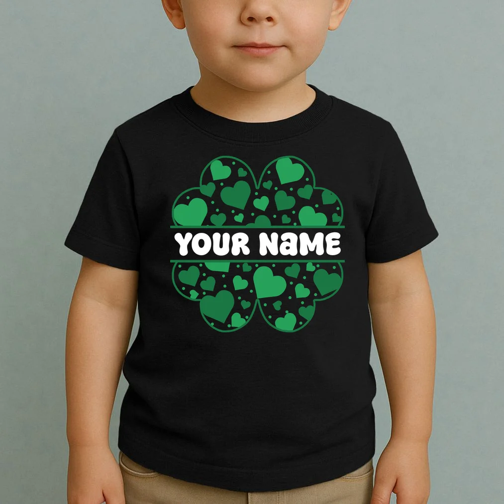 Custom Personalized Name St. Patrick's Day 4 Leaf Clover Hearts Toddler T-Shirt - Front 1