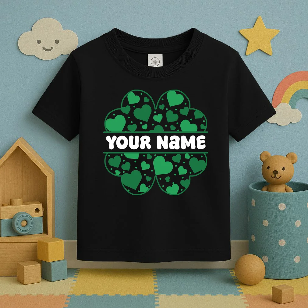 Custom Personalized Name St. Patrick's Day 4 Leaf Clover Hearts Toddler T-Shirt - Front 2