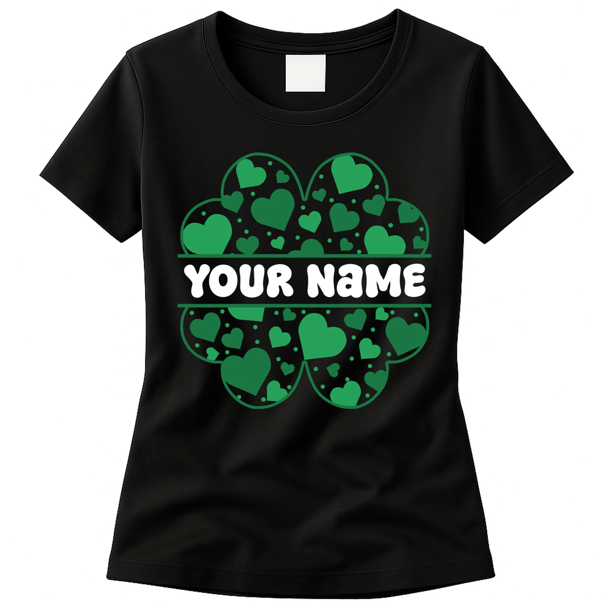 Custom Personalized Name St. Patrick's Day 4 Leaf Clover Hearts Women's T-Shirt Front
