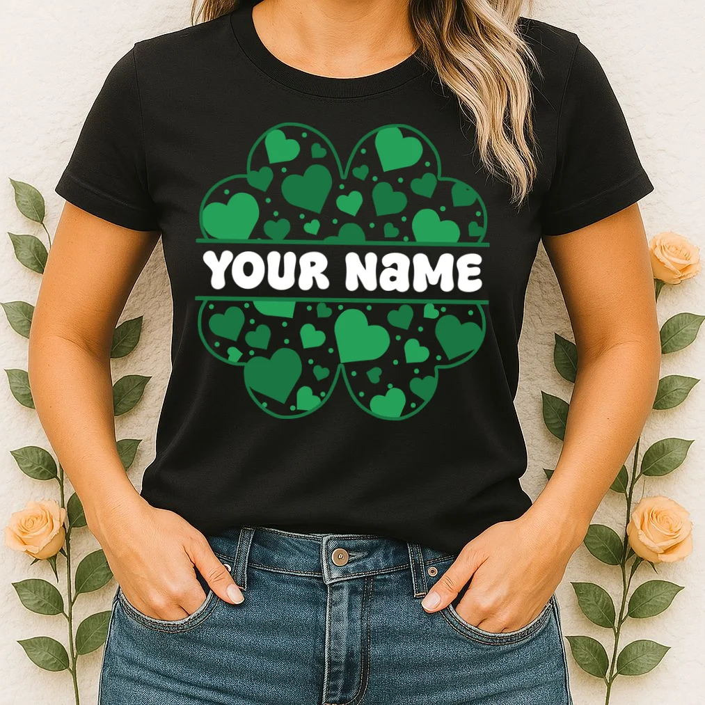 Custom Personalized Name St. Patrick's Day 4 Leaf Clover Hearts Women's T-Shirt - Front 1
