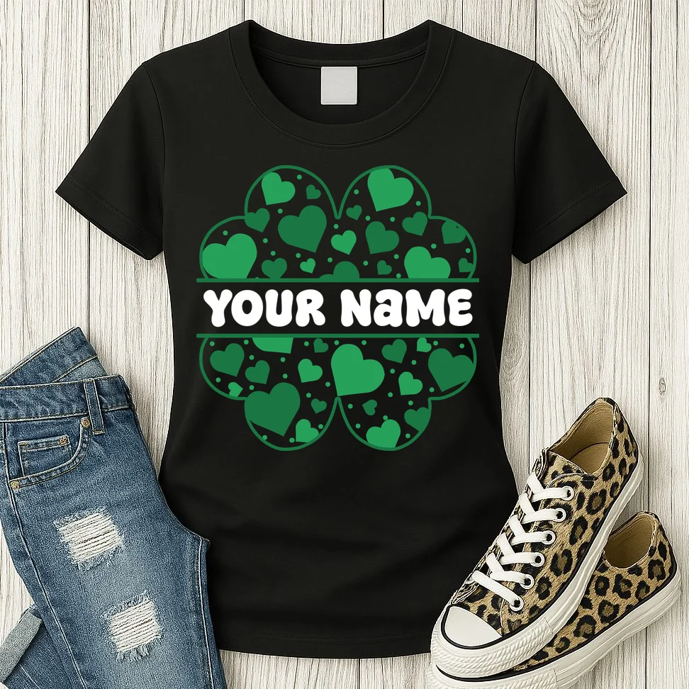 Custom Personalized Name St. Patrick's Day 4 Leaf Clover Hearts Women's T-Shirt - Front 2