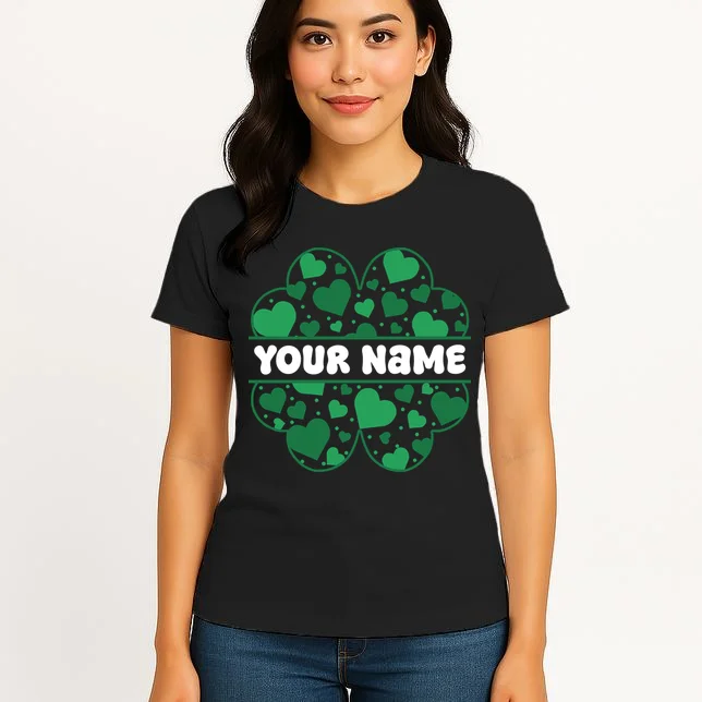 Custom Personalized Name St. Patrick's Day 4 Leaf Clover Hearts Women's T-Shirt - Front 3