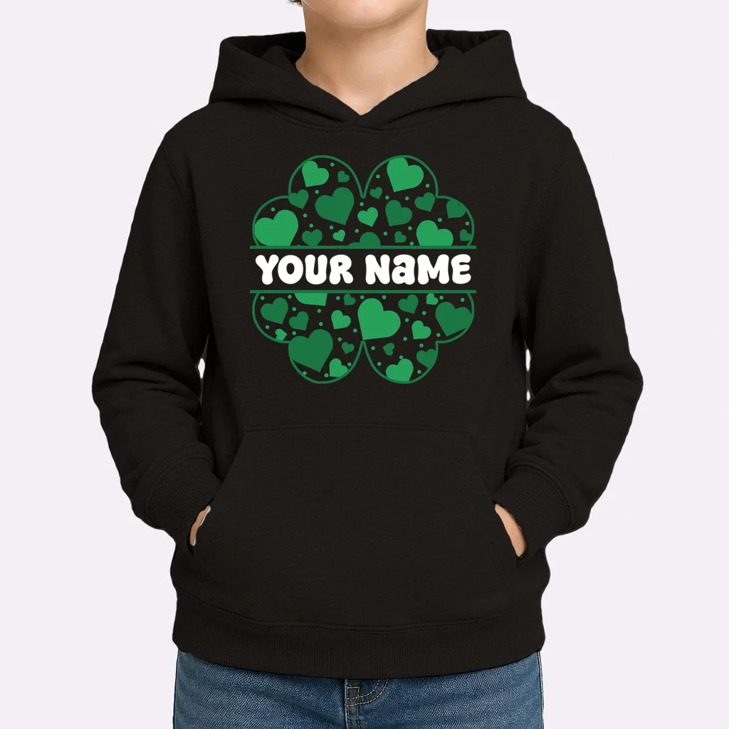 Custom Personalized Name St. Patrick's Day 4 Leaf Clover Hearts Kids Hoodie - Front 1