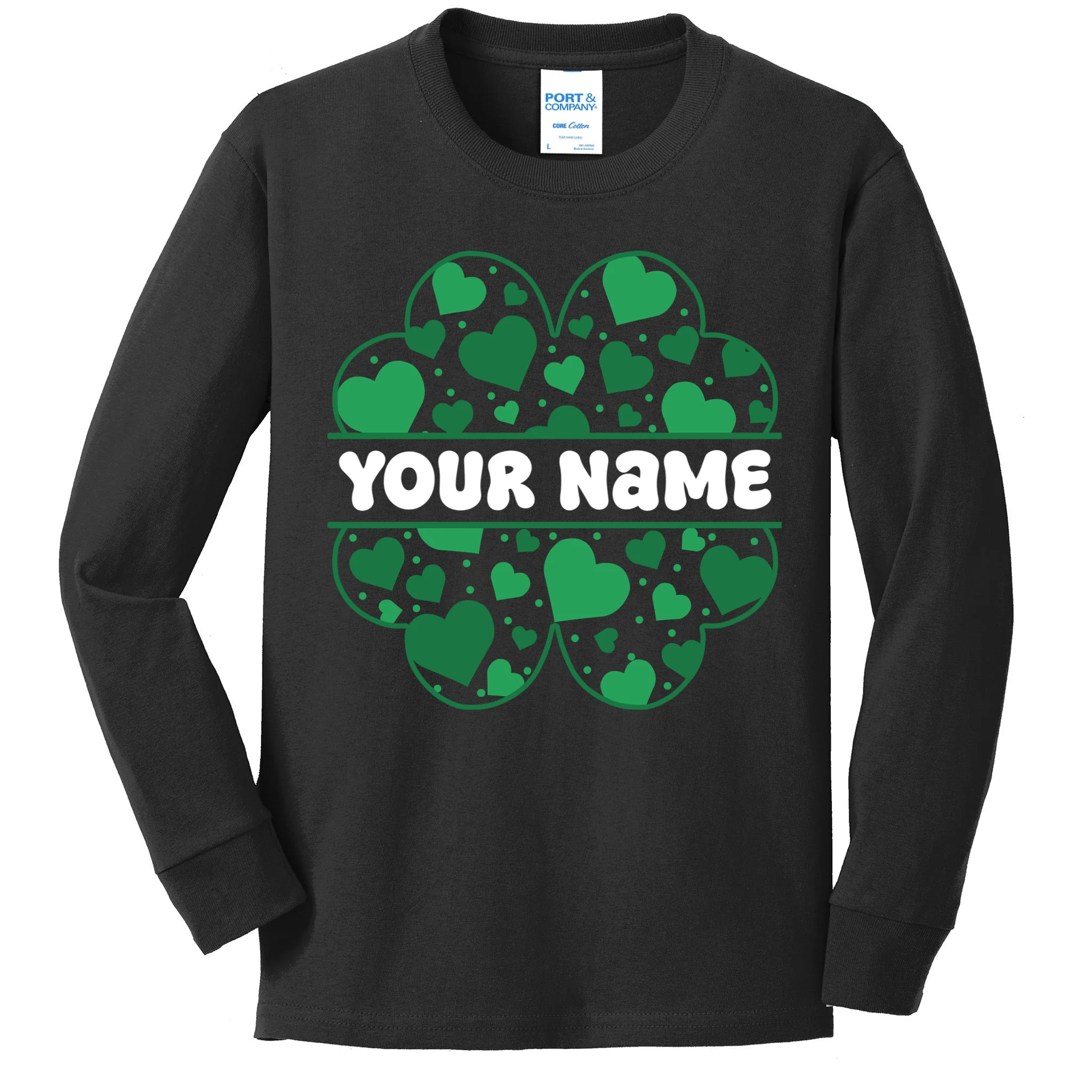 Custom Personalized Name St. Patrick's Day 4 Leaf Clover Hearts Kids Long Sleeve Shirt - Front