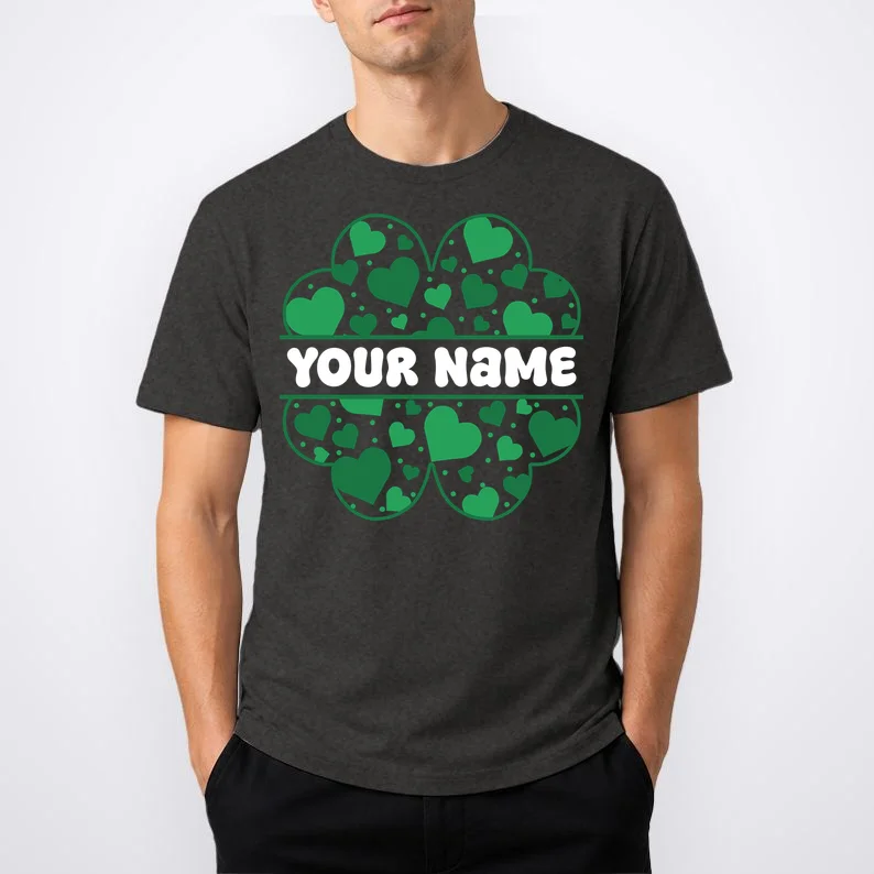 Custom Personalized Name St. Patrick's Day 4 Leaf Clover Hearts T-Shirt - Front 1