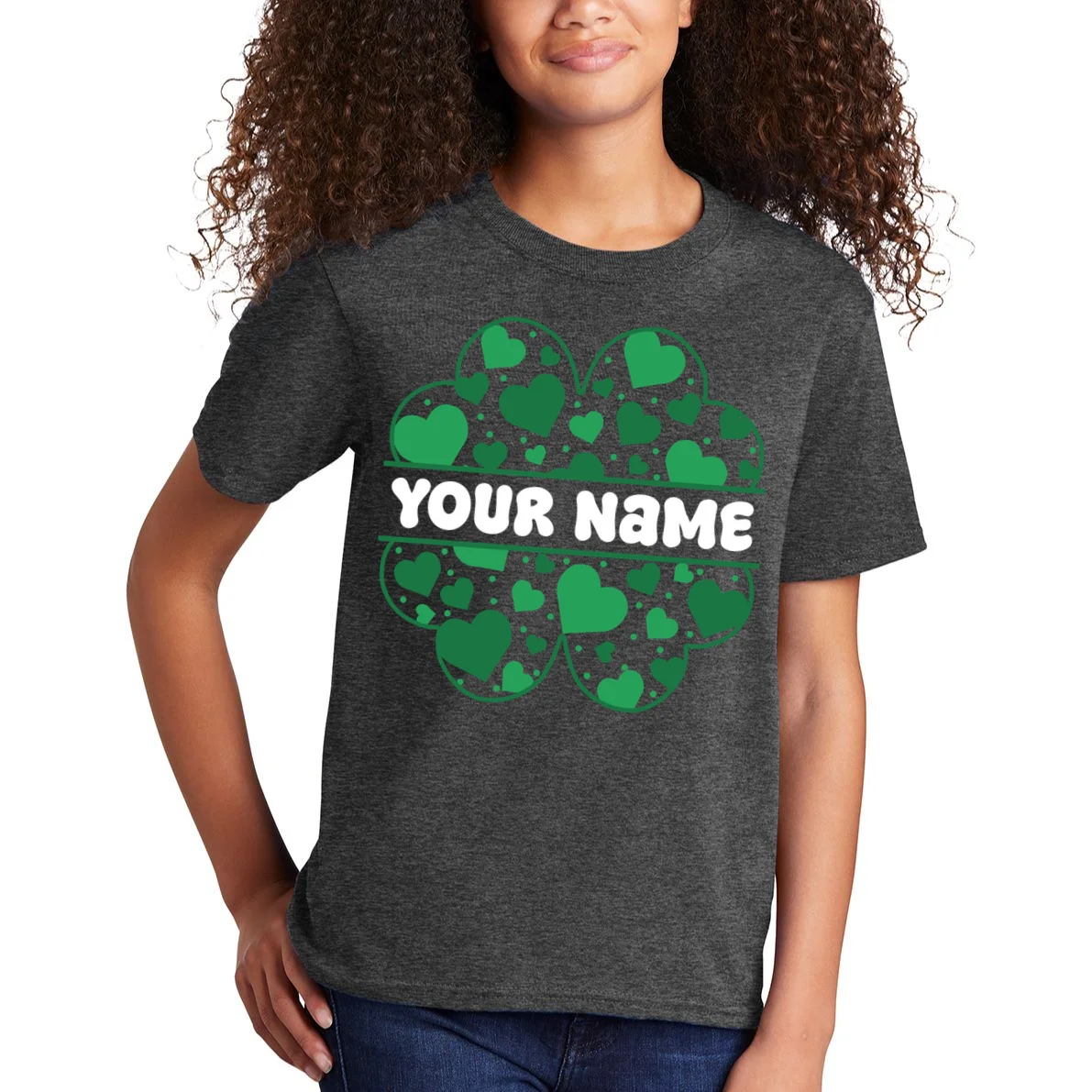Custom Personalized Name St. Patrick's Day 4 Leaf Clover Hearts Kids T-Shirt - Front 1