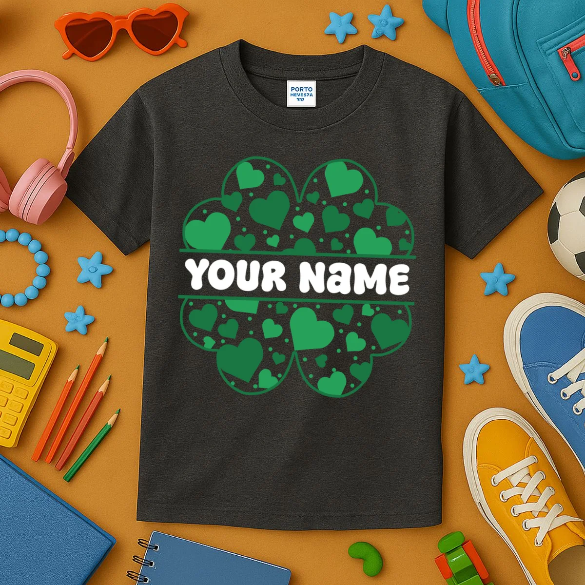 Custom Personalized Name St. Patrick's Day 4 Leaf Clover Hearts Kids T-Shirt - Front 2