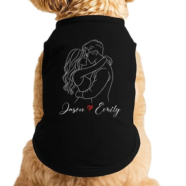 Couple Portrait Personalized Names Custom Gift - Romantic Couple Line Art Design Doggie Tank Front