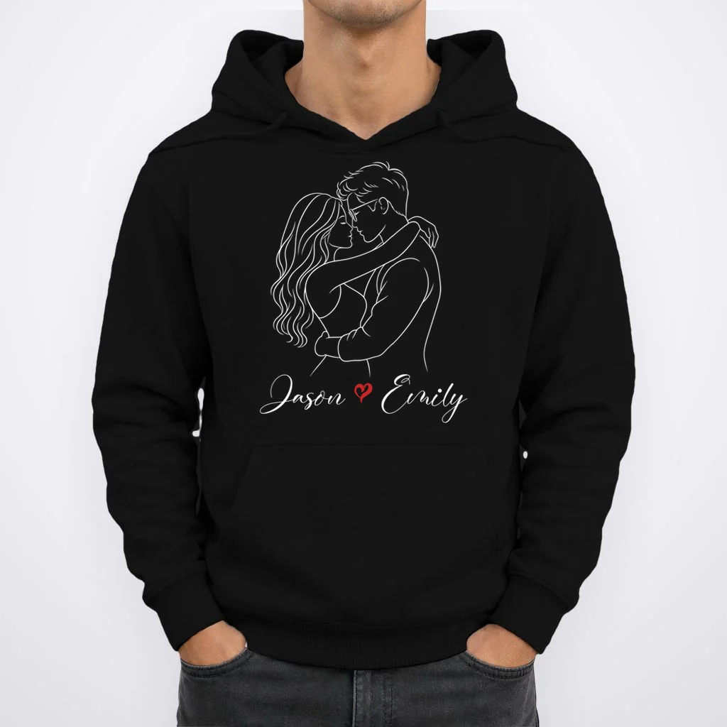Couple Portrait Personalized Names Custom Gift - Romantic Couple Line Art Design Men's Hoodie - Front 1