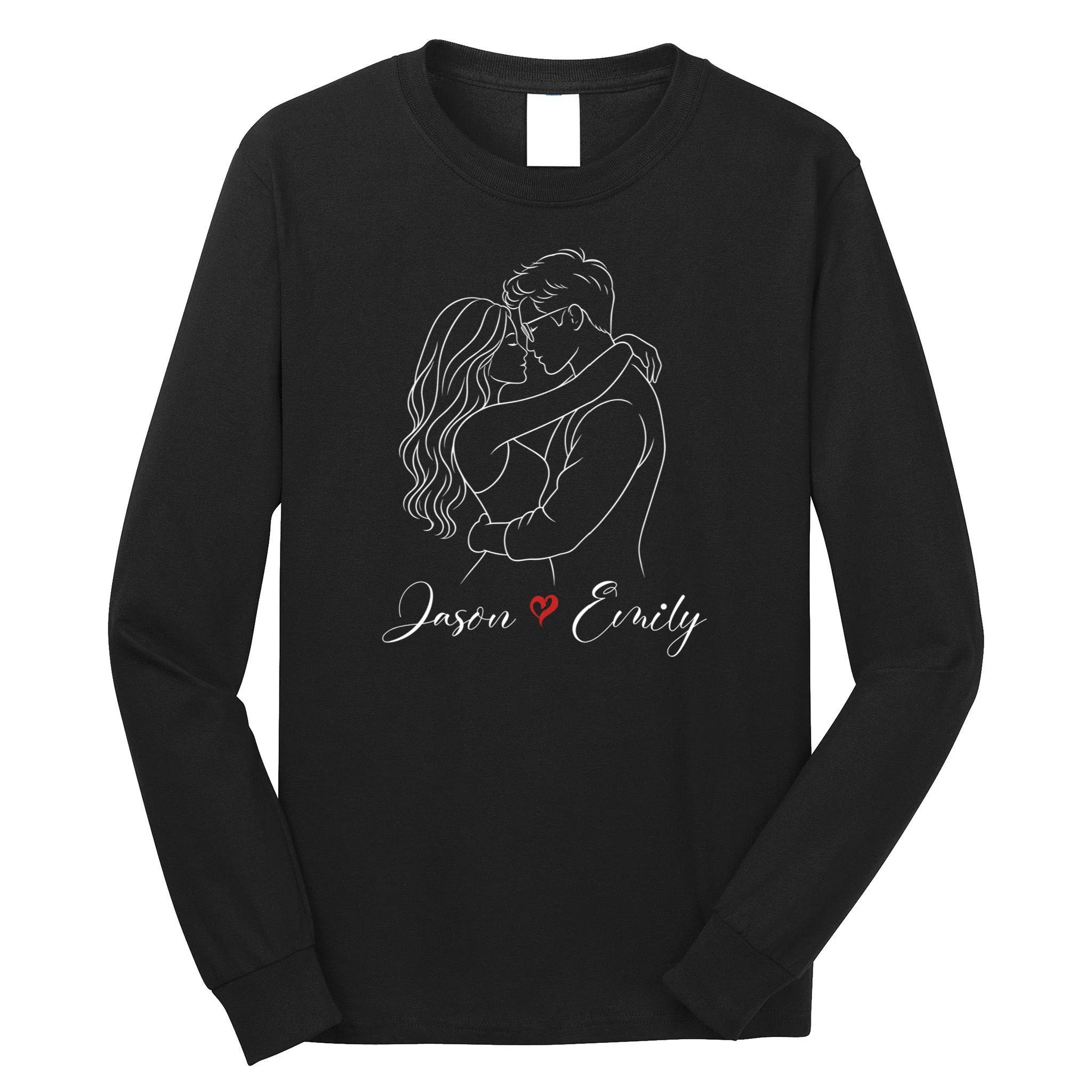 Couple Portrait Personalized Names Custom Gift - Romantic Couple Line Art Design Men's Long Sleeve Shirt Front