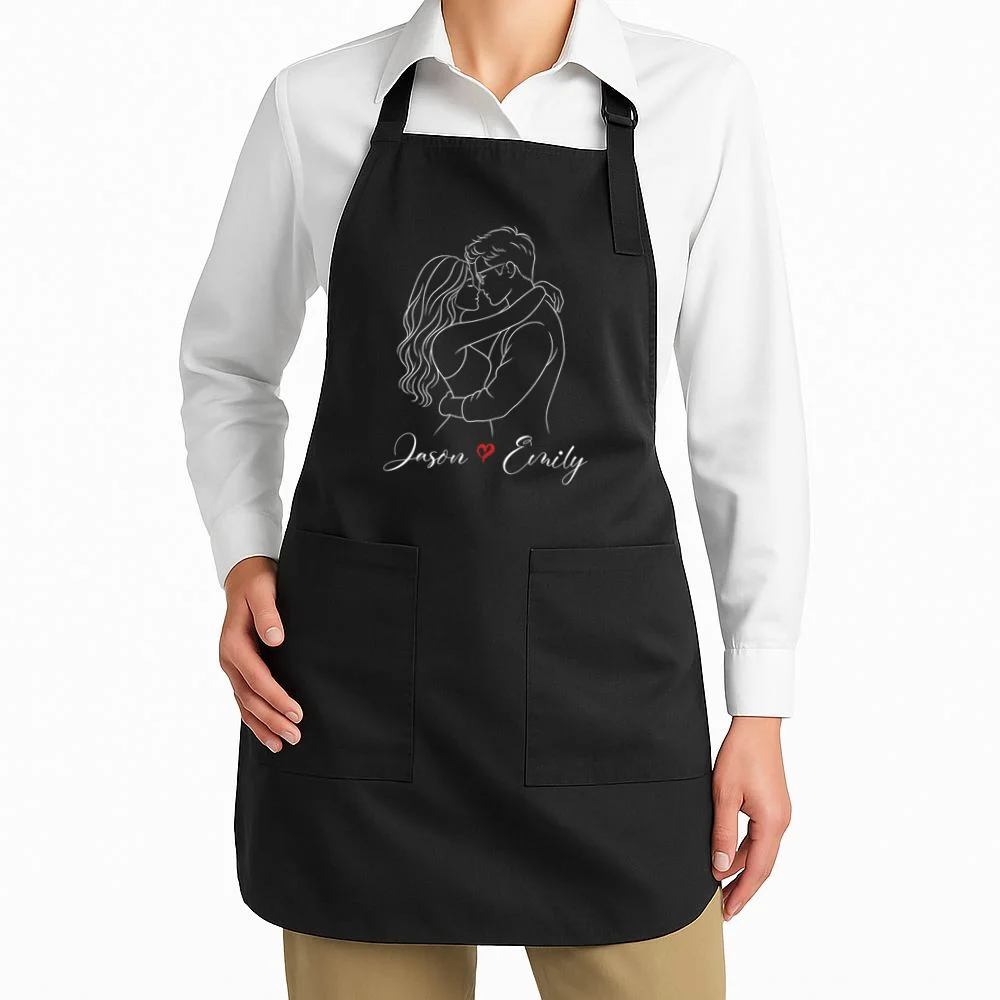 Couple Portrait Personalized Names Custom Gift - Romantic Couple Line Art Design Apron - Front 1