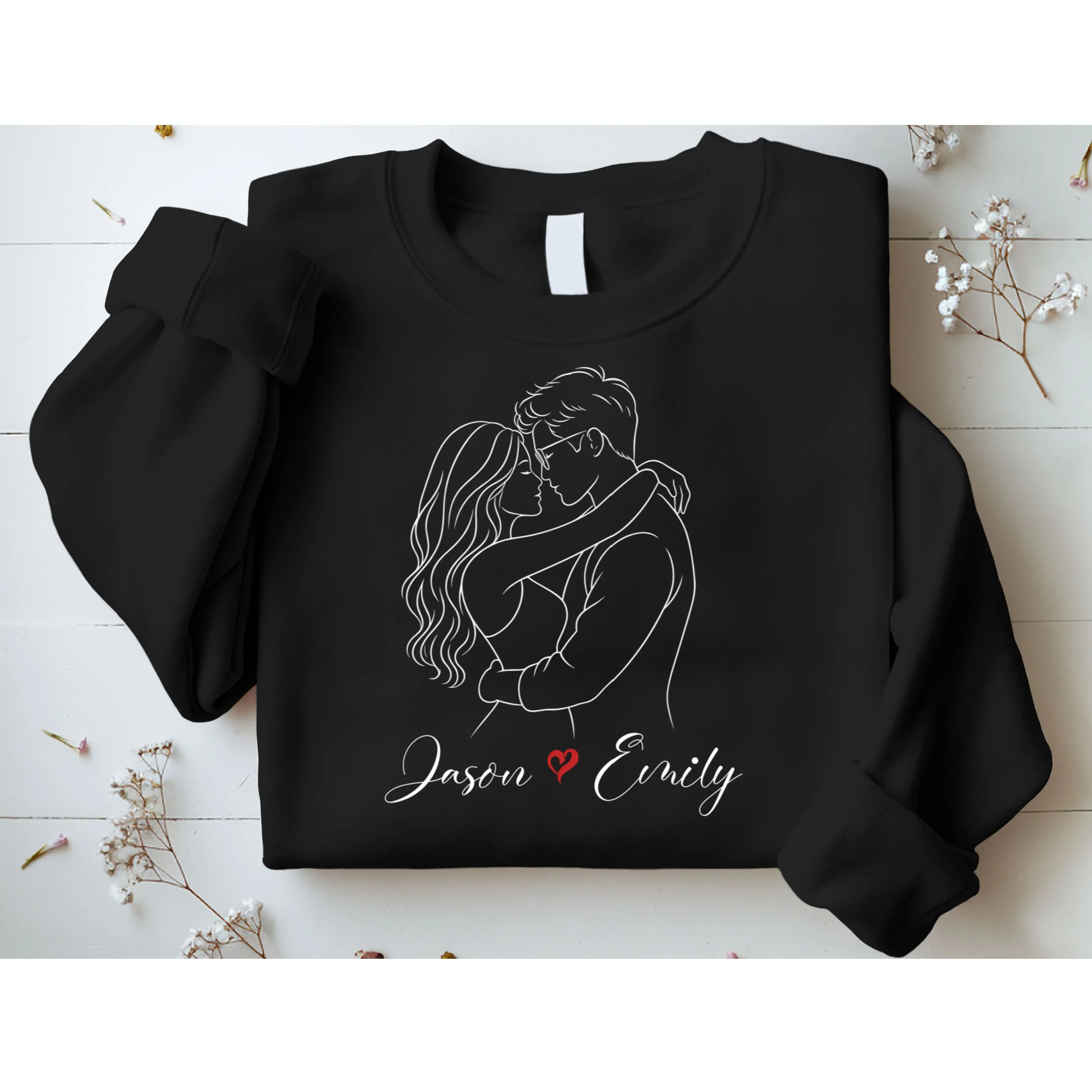 Couple Portrait Personalized Names Custom Gift - Romantic Couple Line Art Design Men's Sweatshirt - Front 1
