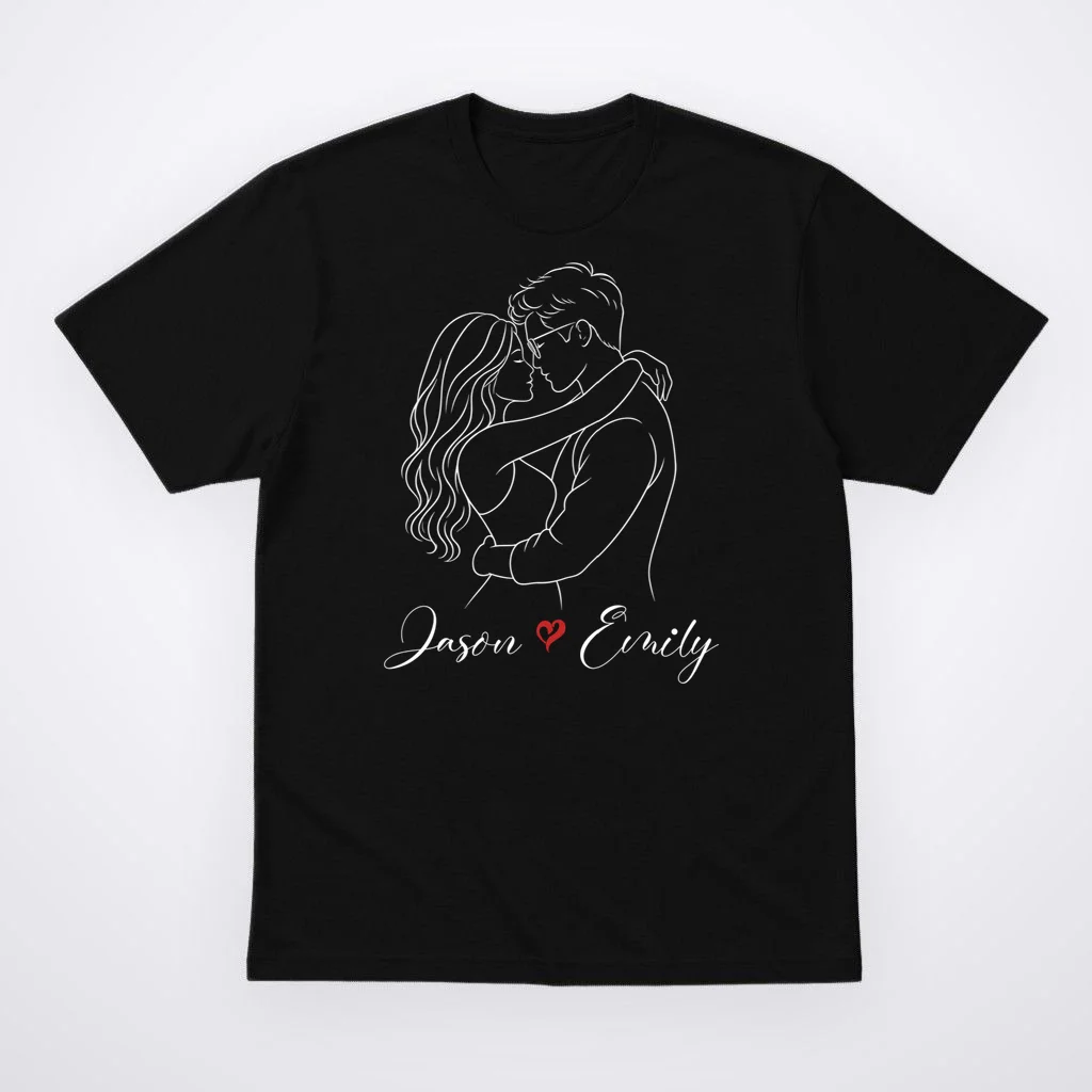 Couple Portrait Personalized Names Custom Gift - Romantic Couple Line Art Design Men's T-Shirt Front