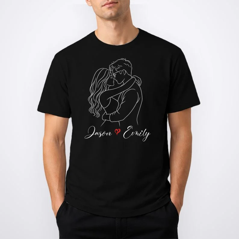 Couple Portrait Personalized Names Custom Gift - Romantic Couple Line Art Design Men's T-Shirt - Front 1