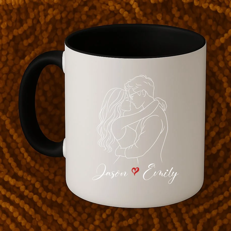Couple Portrait Personalized Names Custom Gift - Romantic Couple Line Art Design Mug - Front 1