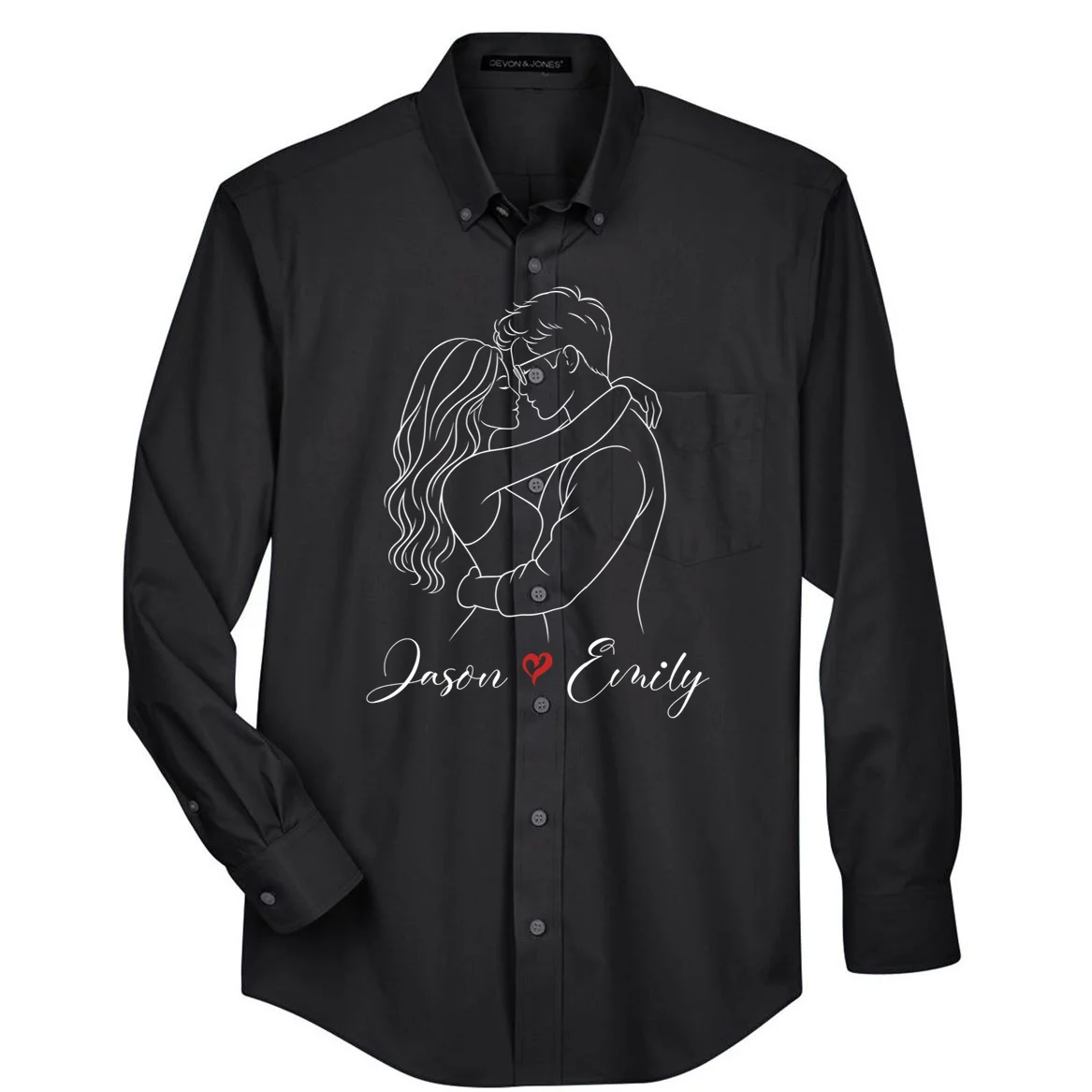 Couple Portrait Personalized Names Custom Gift - Romantic Couple Line Art Design Men's Button Up Front