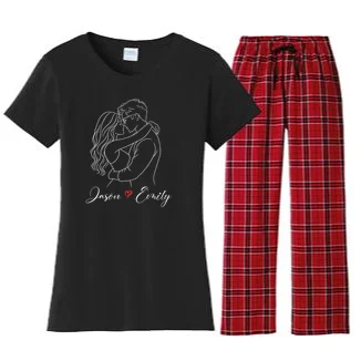 Couple Portrait Personalized Names Custom Gift - Romantic Couple Line Art Design Women's Flannel Pajama Set Front