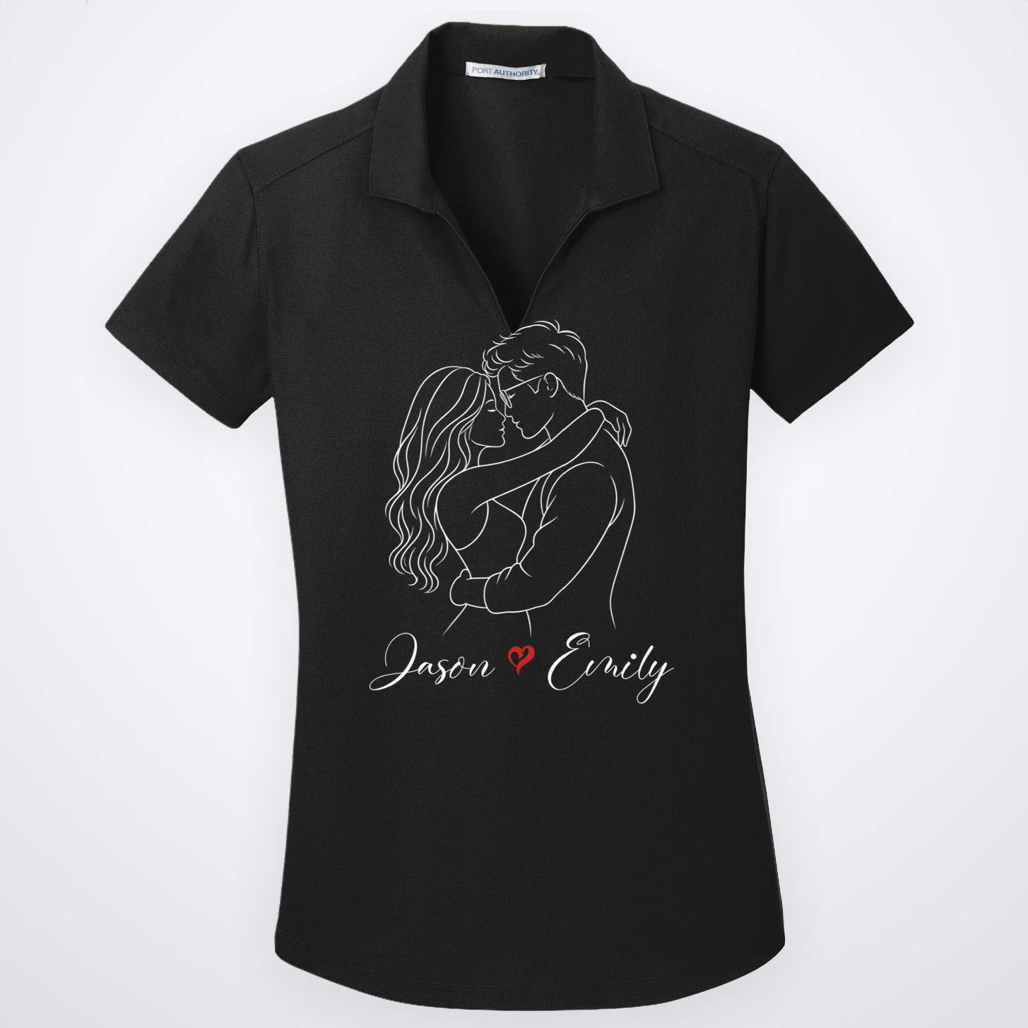Couple Portrait Personalized Names Custom Gift - Romantic Couple Line Art Design Women's Polo Front