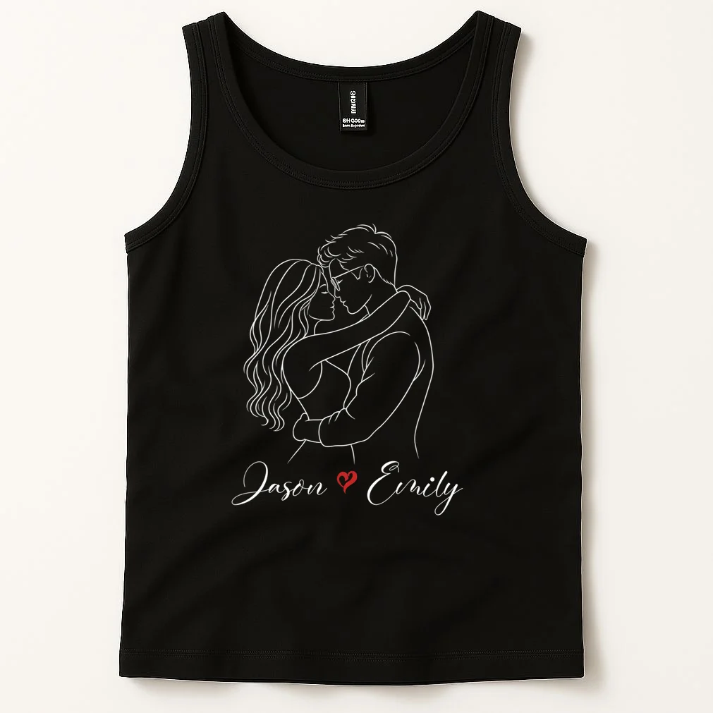 Couple Portrait Personalized Names Custom Gift - Romantic Couple Line Art Design Men's Tank Top - Front 1