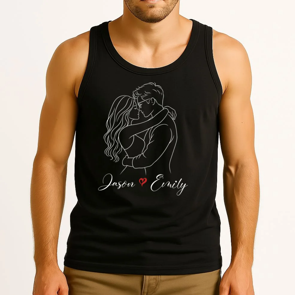 Couple Portrait Personalized Names Custom Gift - Romantic Couple Line Art Design Men's Tank Top - Front 2