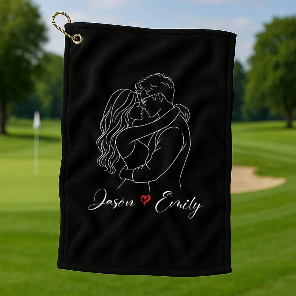 Couple Portrait Personalized Names Custom Gift - Romantic Couple Line Art Design Golf Towel - Front 1