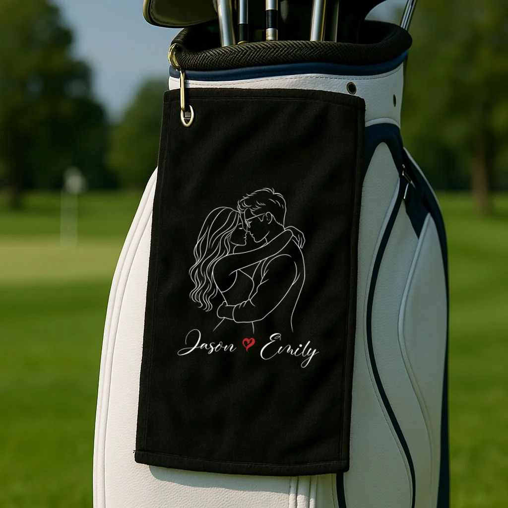 Couple Portrait Personalized Names Custom Gift - Romantic Couple Line Art Design Golf Towel - Front 2