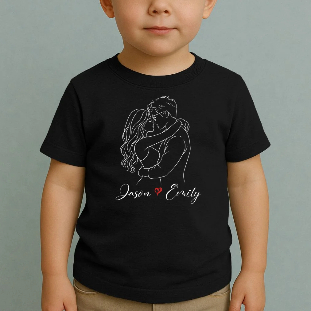 Couple Portrait Personalized Names Custom Gift - Romantic Couple Line Art Design Toddler T-Shirt - Front 1