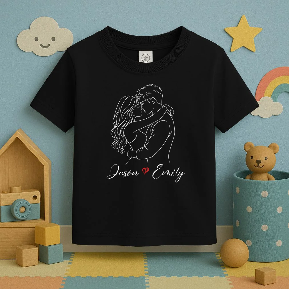 Couple Portrait Personalized Names Custom Gift - Romantic Couple Line Art Design Toddler T-Shirt - Front 2