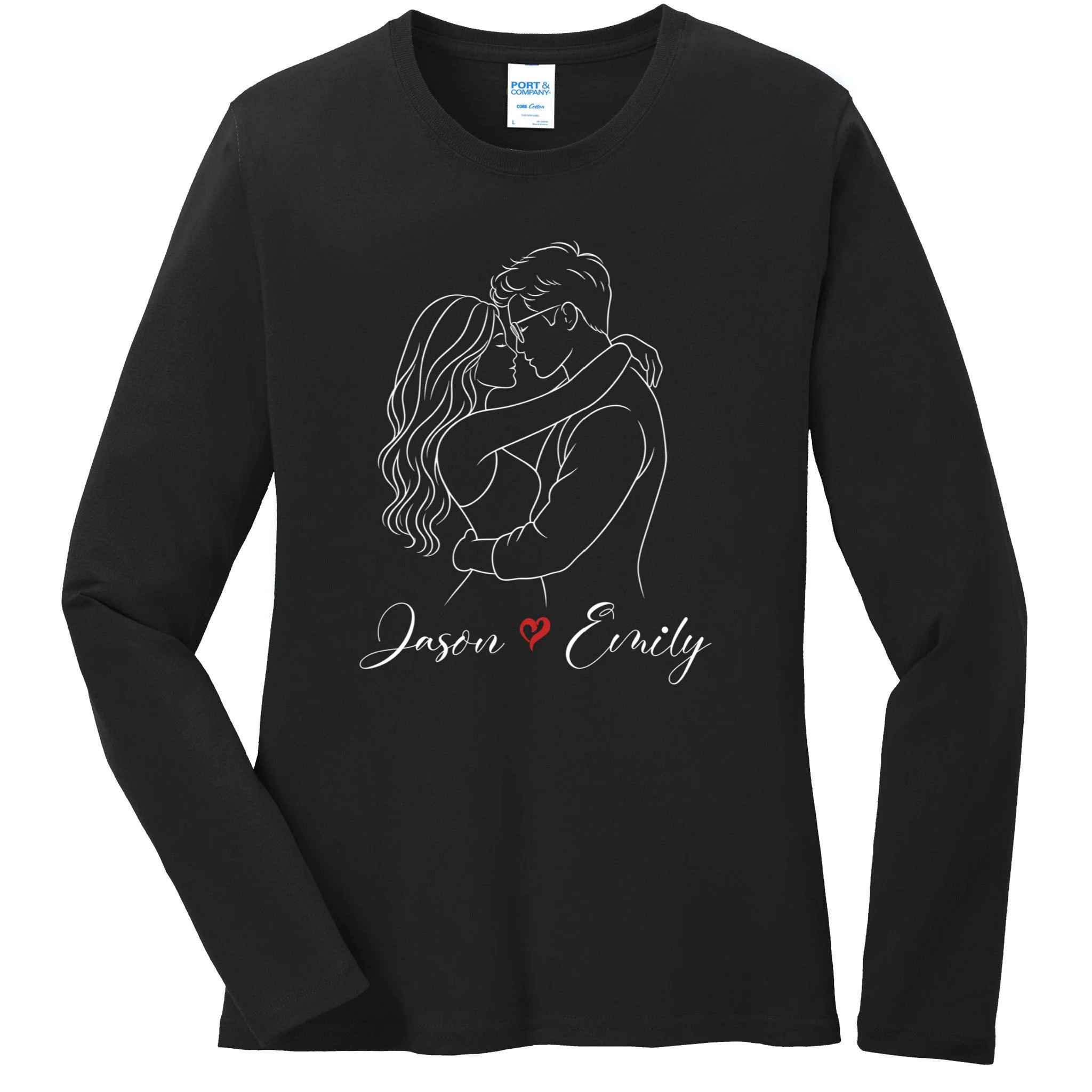 Couple Portrait Personalized Names Custom Gift - Romantic Couple Line Art Design Women's Long Sleeve Shirt Front