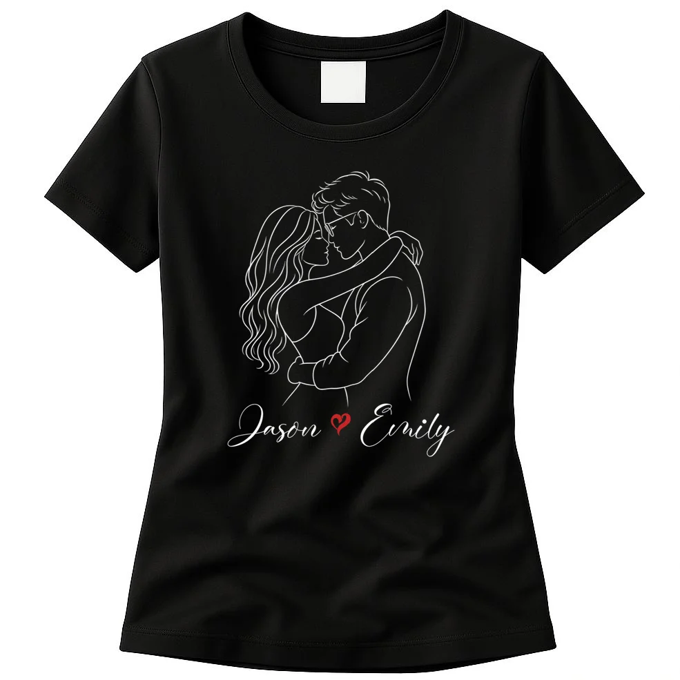 Couple Portrait Personalized Names Custom Gift - Romantic Couple Line Art Design Women's T-Shirt Front