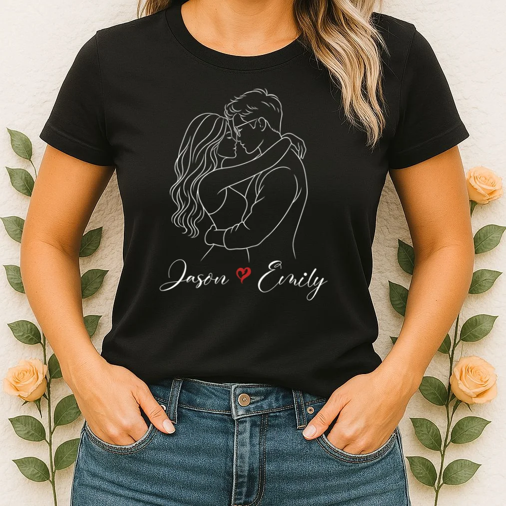 Couple Portrait Personalized Names Custom Gift - Romantic Couple Line Art Design Women's T-Shirt - Front 1