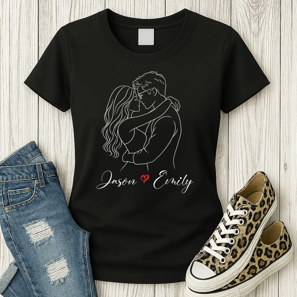 Couple Portrait Personalized Names Custom Gift - Romantic Couple Line Art Design Women's T-Shirt - Front 2