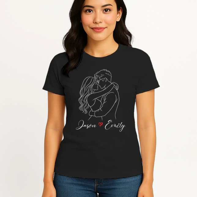 Couple Portrait Personalized Names Custom Gift - Romantic Couple Line Art Design Women's T-Shirt - Front 3