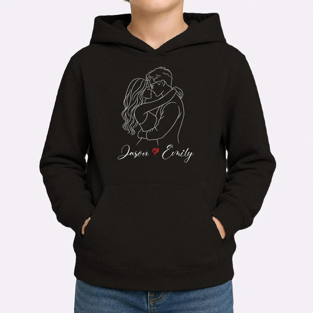 Couple Portrait Personalized Names Custom Gift - Romantic Couple Line Art Design Kids Hoodie - Front 1