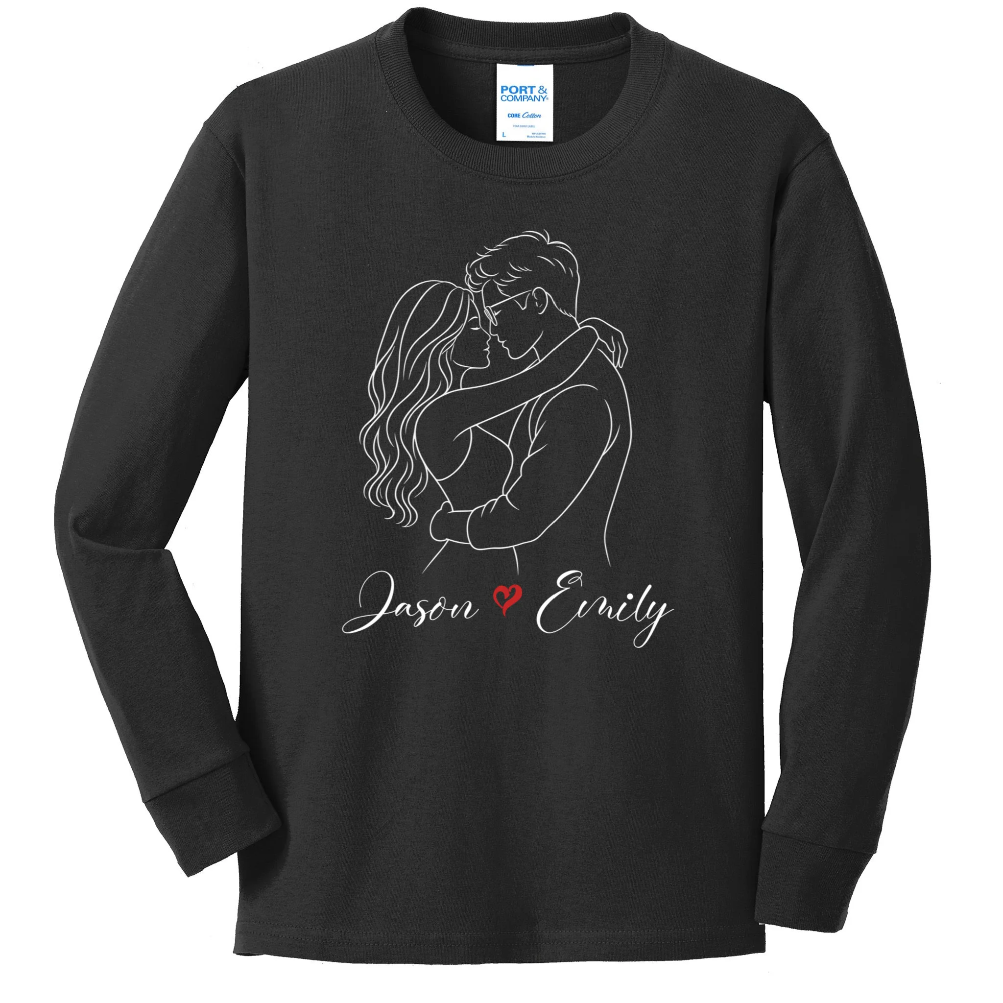Couple Portrait Personalized Names Custom Gift - Romantic Couple Line Art Design Kids Long Sleeve Shirt Front