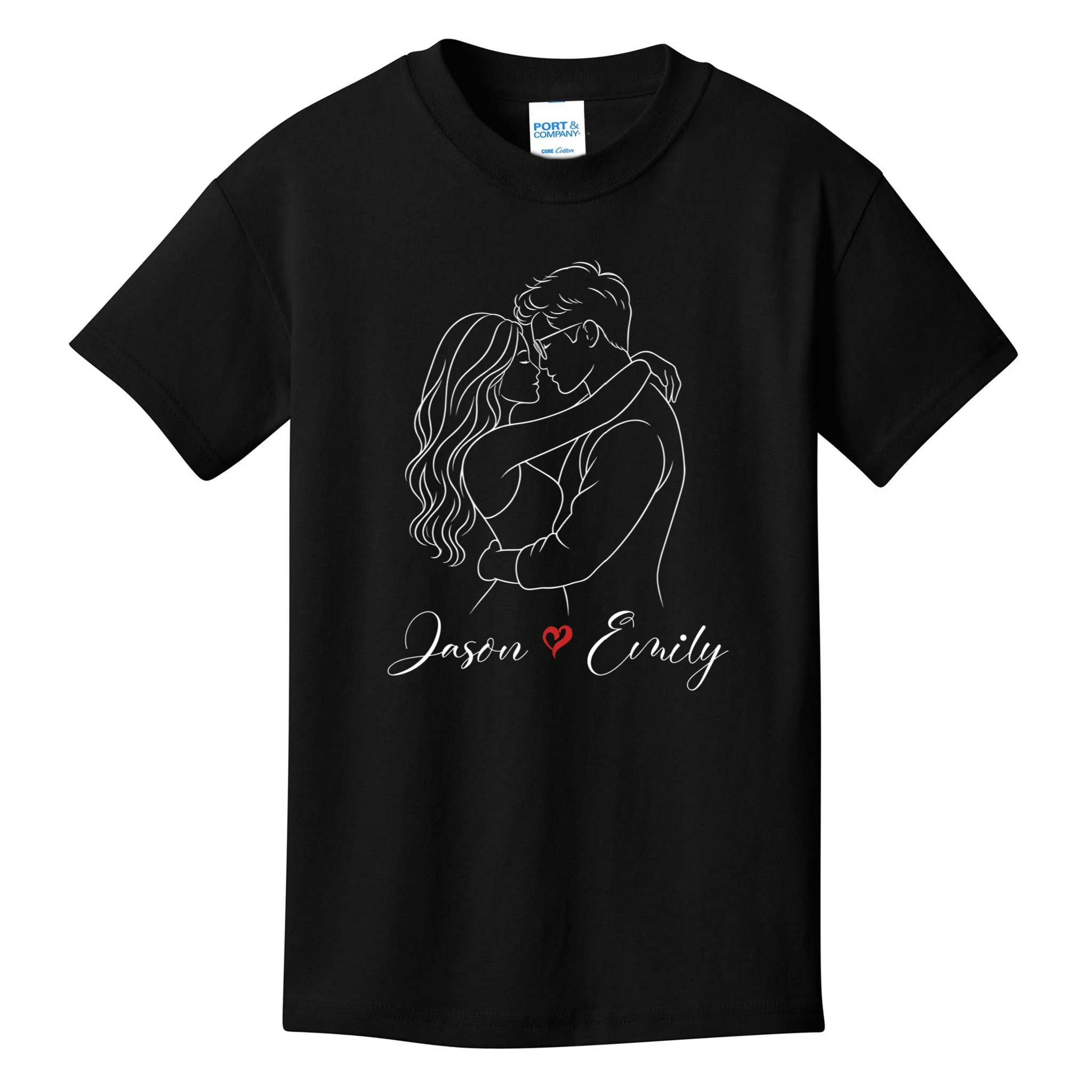 Couple Portrait Personalized Names Custom Gift - Romantic Couple Line Art Design Kids T-Shirt Front
