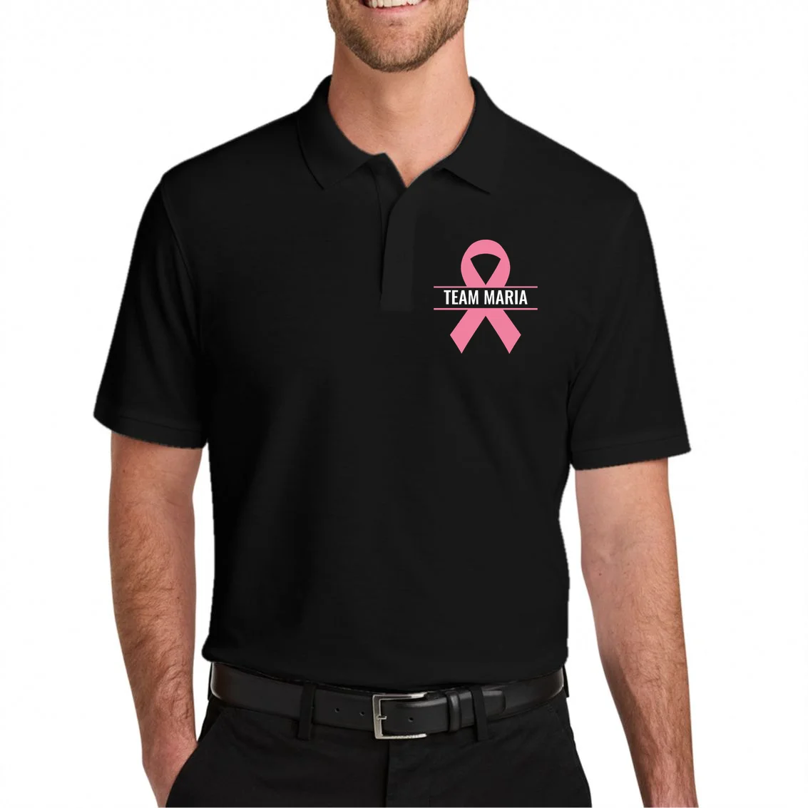 Customizable Pink Ribbon Support Men's Polo - Front 1