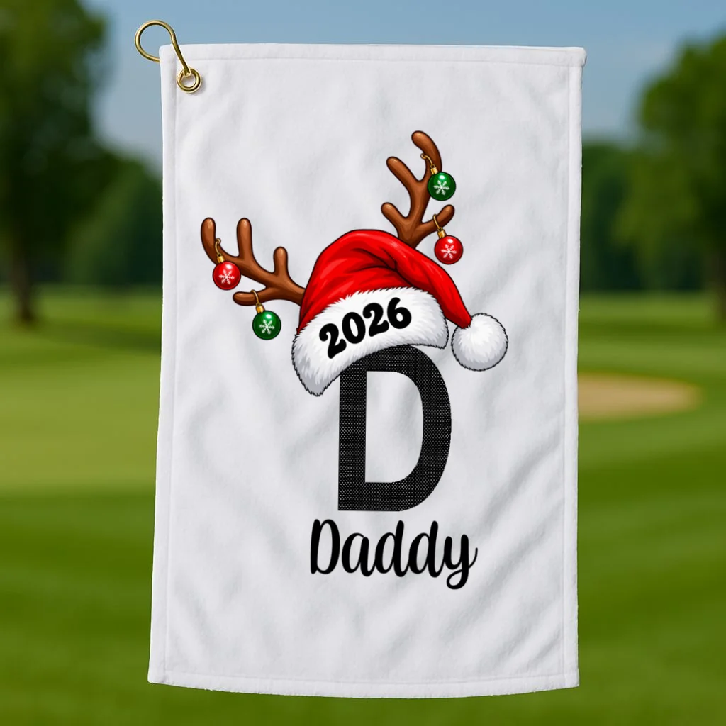 Christmas Reindeer Antlers & Santa Hat – Festive Holiday Design Golf Towel - Front 1