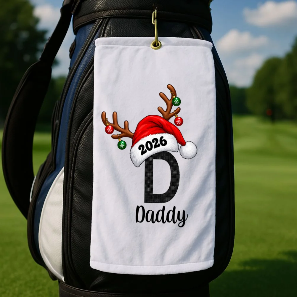 Christmas Reindeer Antlers & Santa Hat – Festive Holiday Design Golf Towel - Front 2