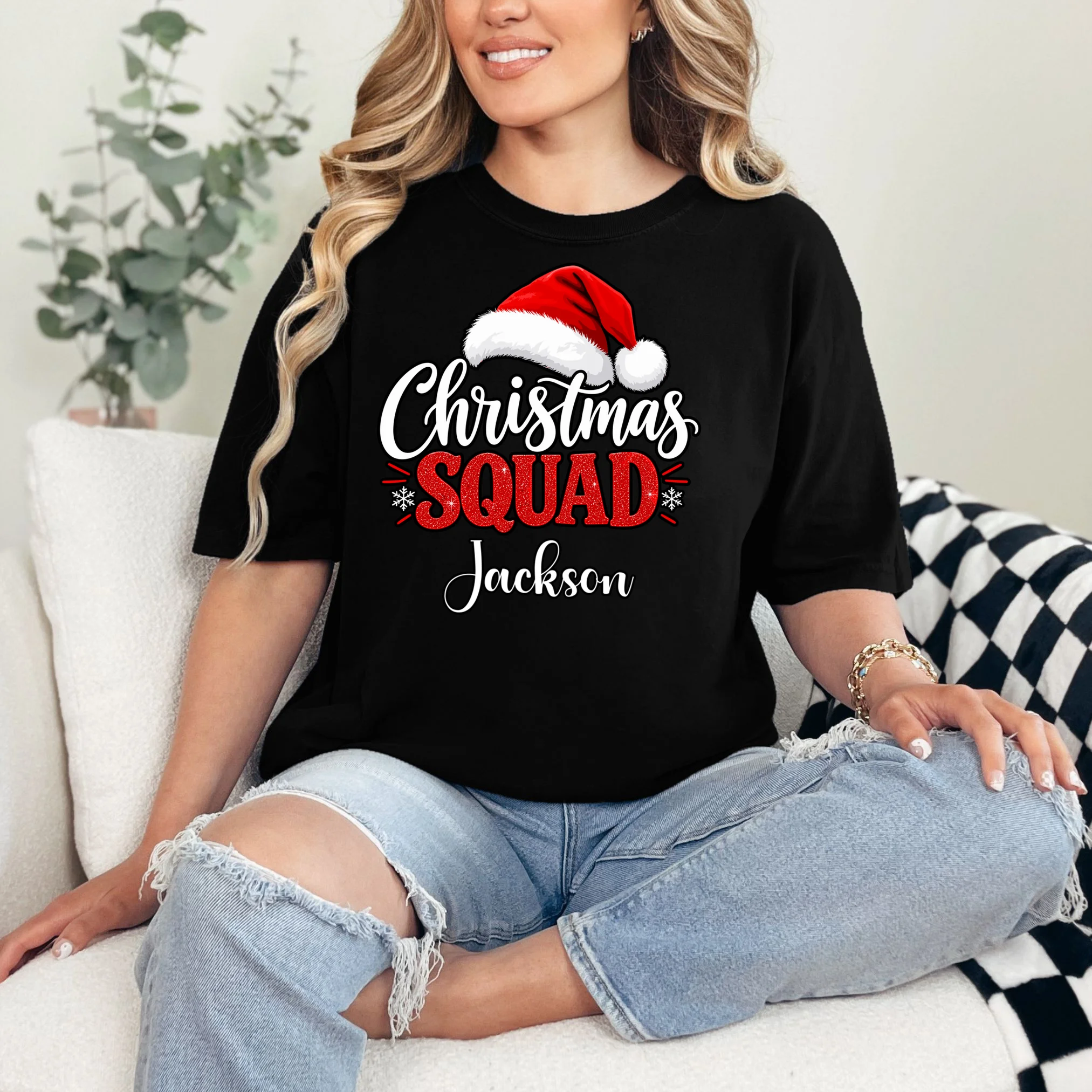Christmas Squad Custom Name Santa Hat Comfort Colors Unisex T-Shirt - Front 1
