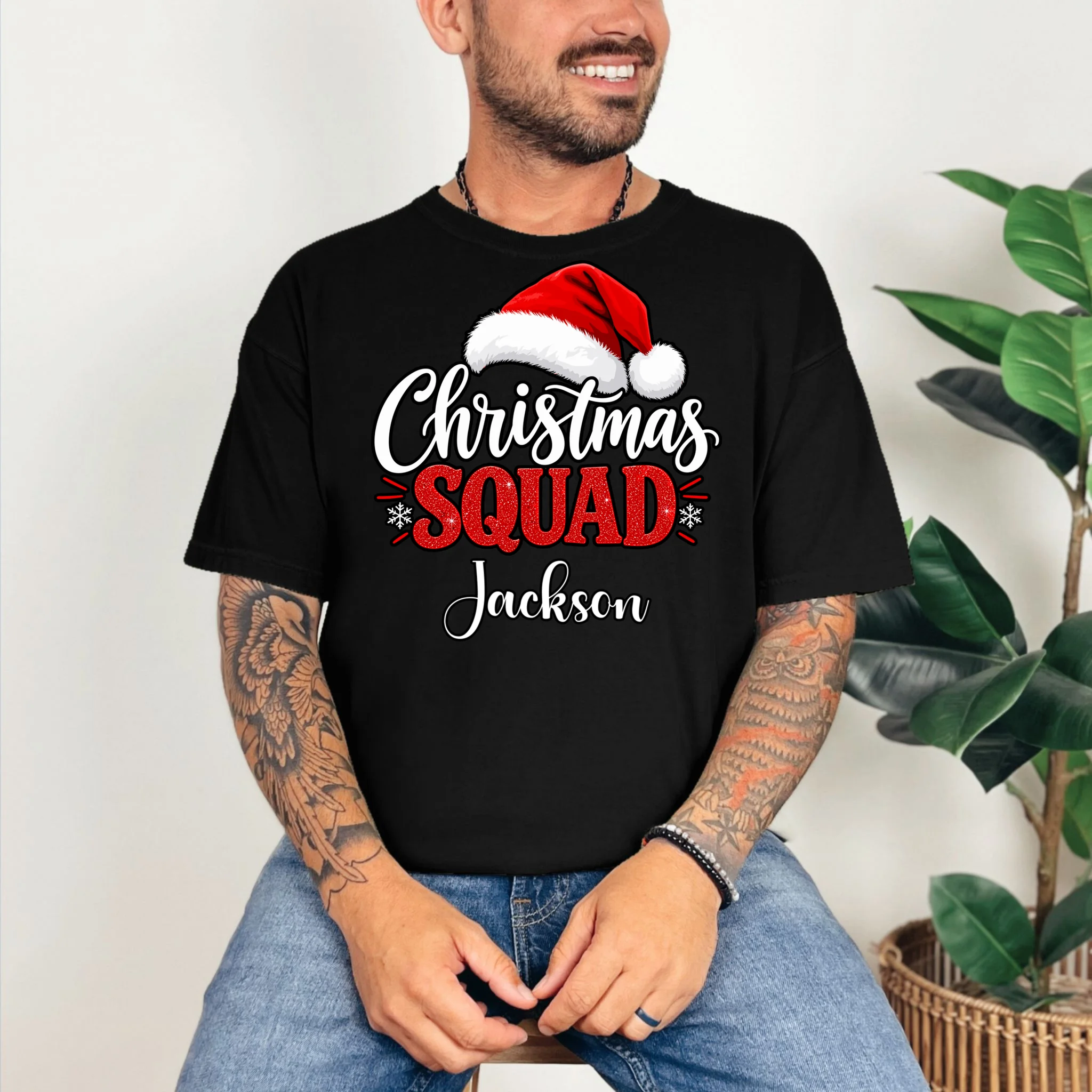 Christmas Squad Custom Name Santa Hat Comfort Colors Unisex T-Shirt - Front 2