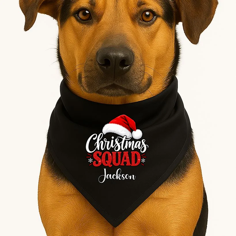 Christmas Squad Custom Name Santa Hat Dog Bandana - Front 1