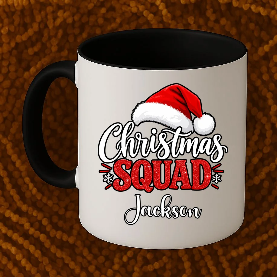 Christmas Squad Custom Name Santa Hat Mug - Front 1