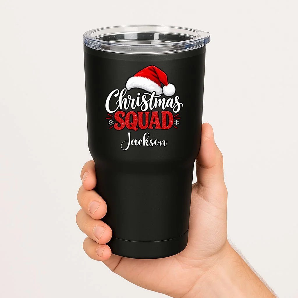 Christmas Squad Custom Name Santa Hat 20oz Tumbler - Front 1